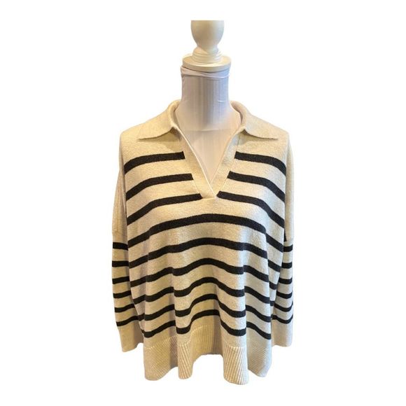 LOFT Sweaters - Loft Cream and Dark Grey Striped Sweater Size M